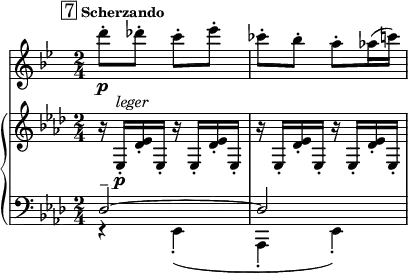 <<
\new Staff="clar" \relative c'' {
\transposition bes
\set Staff.midiInstrument = #"clarinet"
\clef treble
\time 2/4
\key bes \major
\mark \markup { \box "7" \bold \small "Scherzando"}
d'8-.\p des-. c-. ees-. | ces8-. bes-. a-. aes16( c)
}
\new PianoStaff {
<<
\new Staff="one" \relative c {
\clef treble
\key aes \major
\time 2/4
r16 ees-.\p^\markup { \italic "leger" } << ees' des-. >> ees,-.
\repeat unfold 3 { r16 ees-. << ees' des-. >> ees,-. }
}
\new Staff="two" \relative c {
\clef bass
\key aes \major
\time 2/4
<< { des2--~ | des2 } \\
{ r4 ees,-.( | aes,4-. ees'-.) } >>
}
>>
}
>>