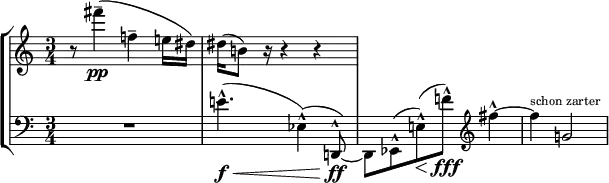 \new StaffGroup <<
\new Staff \with { midiInstrument = "violin" }
\relative c''' {
\clef treble \time 3/4
\set Score.tempoHideNote = ##t
\tempo 8=120
\accidentalStyle dodecaphonic
r8 fis4(\tenuto\pp f,4\tenuto e16 dis16) | dis16 (b8) r16 r4 r4
}
\new Staff \with { midiInstrument = "string ensemble 1" }
\relative c' {
\clef bass \time 3/4
\accidentalStyle dodecaphonic
R1*3/4 | e4.^\marcato\f\< (ees,4^\marcato) (d,8^\marcato\ff)~ | d8 ees8^\marcato (e'8^\marcato)\< (f'8^\marcato\fff) \clef treble fis'4^\marcato~ | fis4^\markup\tiny{"schon zarter"} g,2 |
}
>>