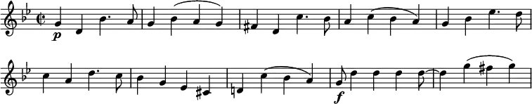 
\layout { \context { \Score \remove "Bar_number_engraver" } }
\relative c'' {
     \key bes \major
     \set Score.tempoHideNote = ##t \tempo 4 = 140
     \time 2/2
    g4 \p d bes'4. a8
    g4 bes (a g)
    fis d c'4. bes8
    a4 c (bes a)
    g bes ees4. d8
    c4 a d4. c8
    bes4 g ees cis
    d! c' (bes a)
    g8\f d'4 d d d8~ d4 g (fis g)
  }
