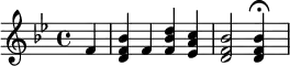 \header{ title = "Westdeutscher Rundfunk" }

% https://www.intervalsignals.net/sounds/ger-z-wdr_010156.mp3
\relative{
  \key bes \major \partial 4 f'4 <bes f d>\omit\sustainOn f
  <d' bes f>\omit\sustainOff <c a es> <bes f d>2 4*2\fermata
}
\midi{\tempo 4=124 \set Staff.midiInstrument = "electric piano 1"}
