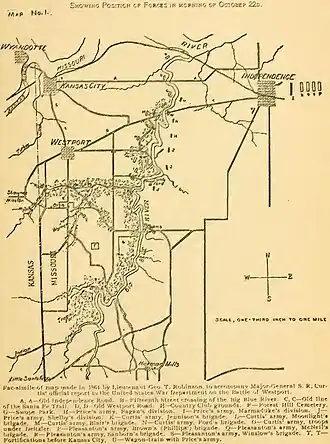 Map showing, from east to west, Independence, the course of the Big Blue River, and the Missouri/Kansas state line