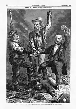 September 1868 Nast cartoon "This is a White Man's Government!" Depicted left to right: a stereotyped Irishman (representing a Northern Democratic party member), an ex-Confederate soldier (Nathan B. Forrest, representing a Southern Democratic party member), and Democratic party chairman August Belmont "triumphing" over a prostrate USCT soldier
