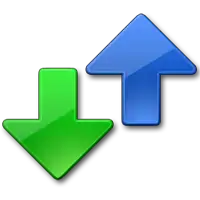 Logo of @MAX SyncUp: a blue arrow pointing upwards, next to a green arrow pointing down