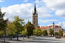 Jana Žižky z Trocnova Square with the town hall and Church of Saints Peter and Paul