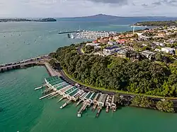 View from Hobson Bay looking northeast over Ōrākei towards Rangitoto Island
