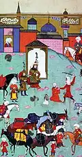 Decapitation of Aras Khan, on order of Adil Giray in 1578. Şahanşahname, 1581
