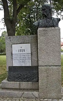 Bust of Stefan Sinđelić beside the Skull Tower.