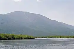 Bolshoy Khanton mountain rising above the village