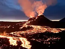 Geldingadalsgos volcano eruption with two craters, March 27, 2021.