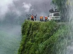 Mountain bikers on the Yungas Road, commonly known as the Death Road