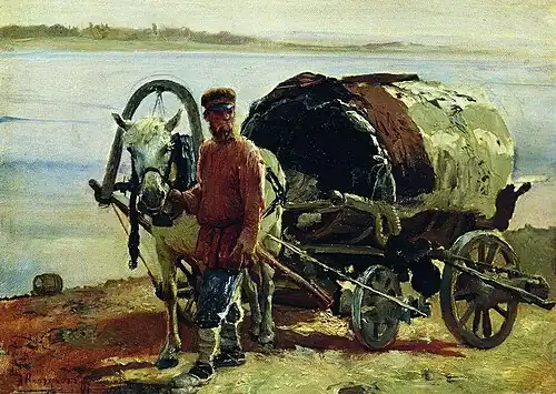 Painting of a kibitka on wheels by Alexei Korzukhin, 1889