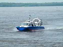 A Russian Coast Guard Mars-700-class patrol hovercraft underway on the Amur River, 2012