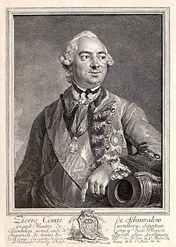 Sepia tone drawing shows a man wearing an 18th century uniform and wig. His arm rests on a cannon.