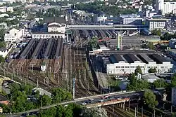 Panorama of the station complex with suburban station on the left, main terminal in the background and southern terminal on the right.