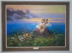 An old kobzar, an itinerant Ukrainian bard, sitting on a hill with an ocean in the background while playing a lute
