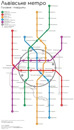 A map of different public transport stops and junctions, connected using multicoloured lines. Text in Ukrainian is used to label the stops.