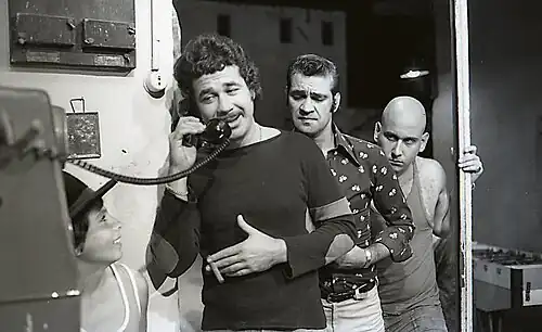 Ze'ev Revach, Yehuda Barkan and Moshe Ish-Kasit&nbsp;[he] on the set of the film "Charlie and a Half", 1975