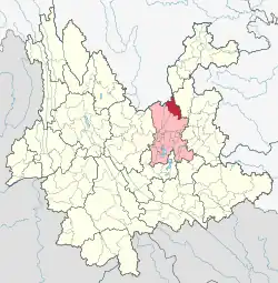 Location of Dongchuan (red) within Kunming (pink), Yunnan (yellow)