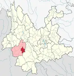 Location of Linxiang District (red) and Lincang Prefecture (pink) within Yunnan province of China