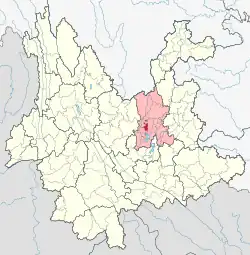 Location of Wuhua District (red) and Kunming City (pink) within Yunnan