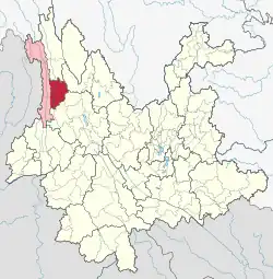 Location of Lanping County (red) and Nujiang Prefecture (pink) within Yunnan province