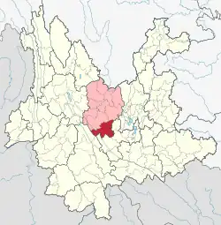 Location of Shuangbai County in Chuxiong Prefecture within Yunnan province