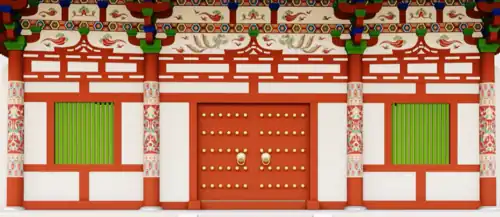 Recreation of Caihua or painted motifs on Tang dynasty architecture.
