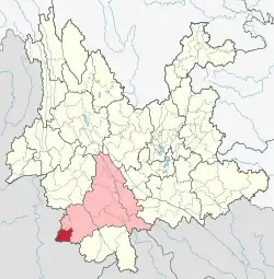 Location of Menglian County (red) and Pu'er City (pink) within Yunnan province