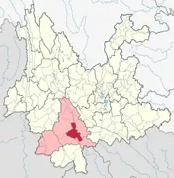 Location of Ning'er County (red) and Pu'er City (pink) within Yunnan