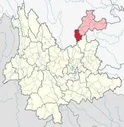 Location of Qiaojia County (red) and Zhaotong Prefecture (pink) within Yunnan province of China