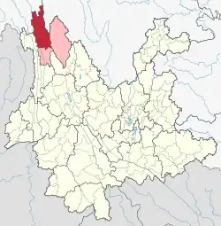 Location of Deqin County (red) within Diqing Prefecture (pink) and Yunnan