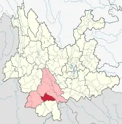 Location of Simao District (red) and Pu'er Prefecture (pink) within Yunnan province of China