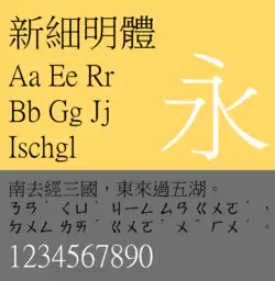 Sample of PMingLiU (新細明體), proportional Latin characters.