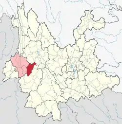 Location of Changning County (red) and Baoshan Prefecture (pink) within Yunnan province of China