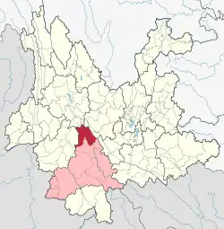 Location of Jingdong County (red) and Pu'er City (pink) within Yunnan province