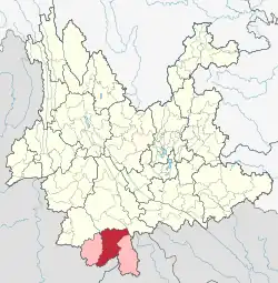 Location of Jinghong City (red) within Xishuangbanna Prefecture (pink) and Yunnan