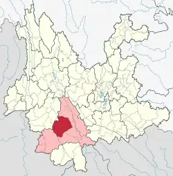 Location of Jinggu County (red) and Pu'er Prefecture (pink) within Yunnan province