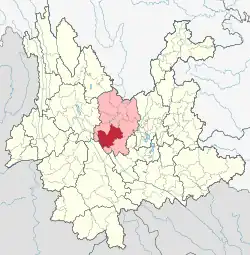 Location of Chuxiong City in Chuxiong Prefecture within Yunnan province