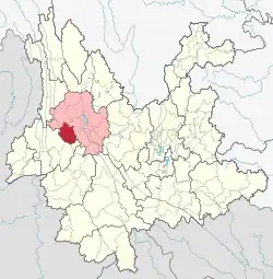 Location of Yongping County (red) and Dali Prefecture (pink) within Yunnan