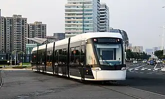 A Nanjing Hexi tram leaving Yuantong Station