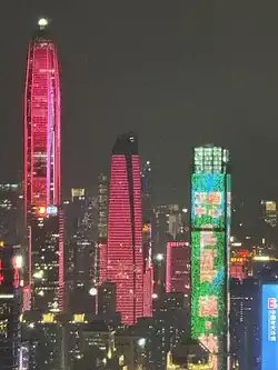 Ping An Finance Centre and Dabaihui Plaza from Shenzhen regular light show in 2026