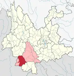 Location of Lancang County (red) in Pu'er City (pink) and Yunnan