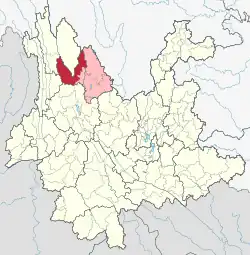 Location of Yulong County (red) and Lijiang City (pink) within Yunnan
