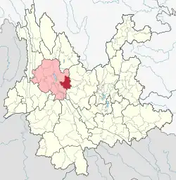 Location of Xiangyun County (red) and Dali Prefecture (pink) within Yunnan