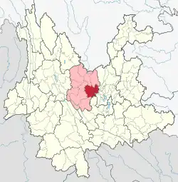 Location of Lufeng City in Chuxiong Prefecture within Yunnan province