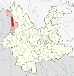 Location of Fugong County (red) and Nujiang Prefecture (pink) within Yunnan province