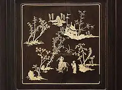 Hongmu panel with ivory inlay depicting landscape and figures, Qing dynasty, Daoguang period (1821–1850).