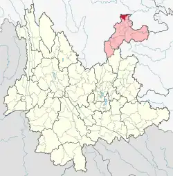 Location of Suijiang County (red) and Zhaotong City (pink) within Yunnan