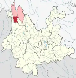 Location of Weixi County (red) in Diqing Prefecture (pink) within Yunnan
