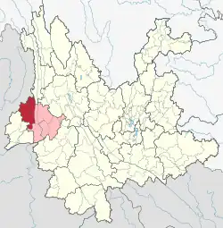 Location of Tengchong (red) in Baoshan City (pink) and Yunnan